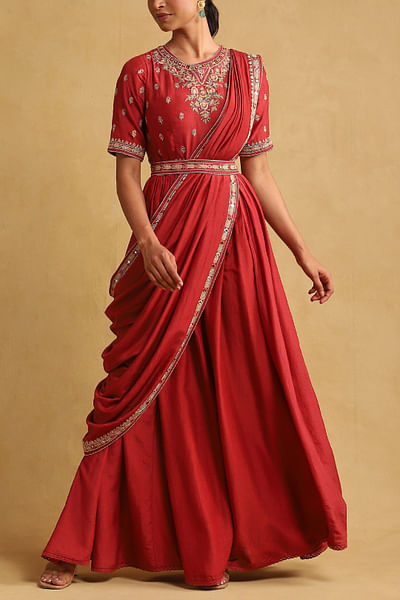 Rust floral embroidered sari gown