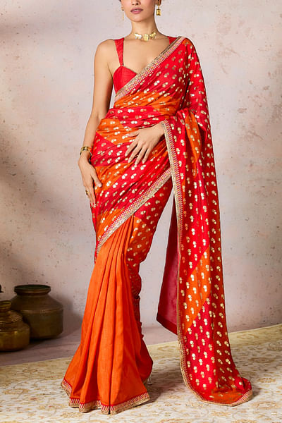 Rust floral foil printed sari set