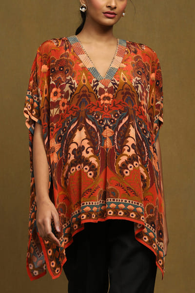 Ritu Kumar Rust floral printed asymmetric kurti RITJUN24KTMULTI