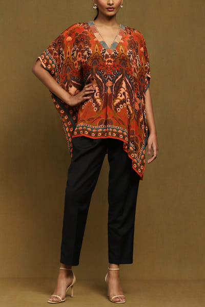 Ritu Kumar Rust floral printed asymmetric kurti RITJUN24KTMULTI
