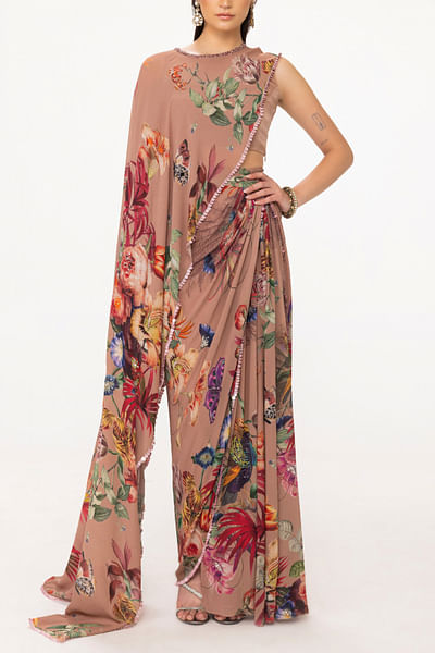 Rust floral printed cape top and skirt set