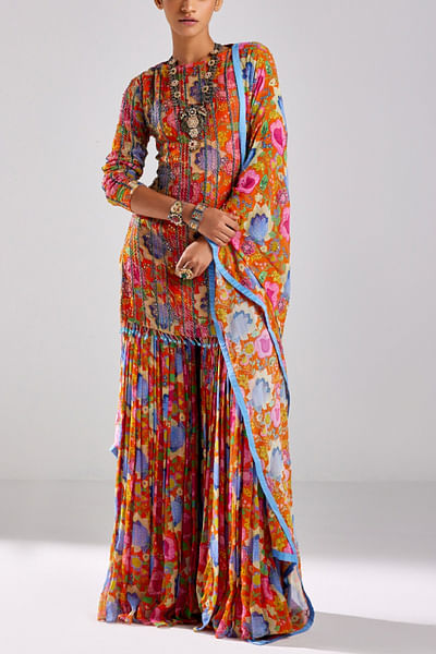 Rust floral printed gharara set