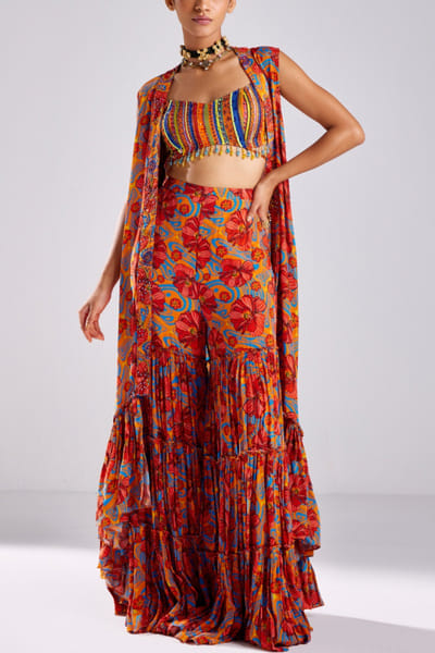 DiyaRajvvir Rust floral printed tiered gharara set DIYJUN24D636