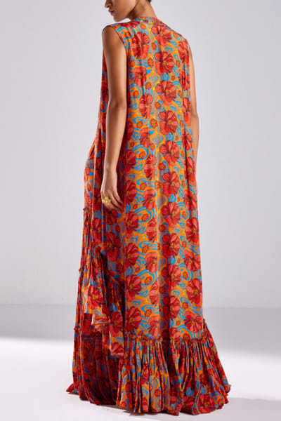 DiyaRajvvir Rust floral printed tiered gharara set DIYJUN24D636