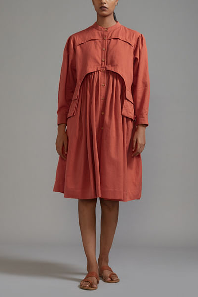 Rust gathered buttoned dress