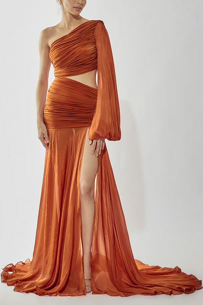 Rust one-shoulder ruched gown