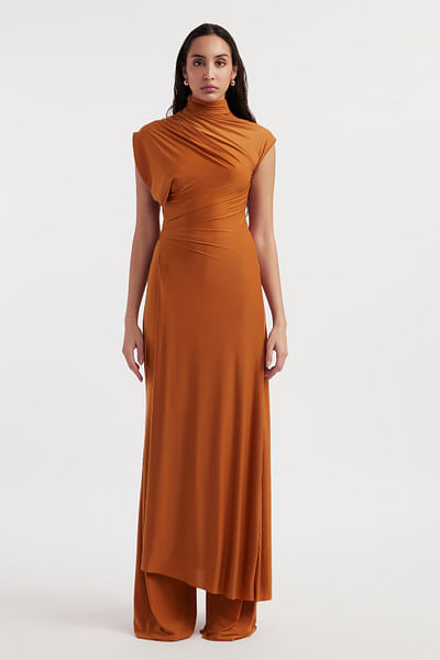 Rust orange asymmetrical top and trousers