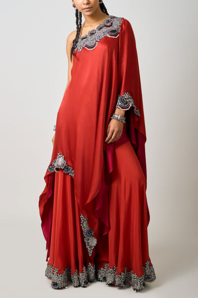 Rust orange embroidered gharara and cape