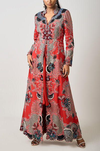 Rust orange embroidered jacket skirt set