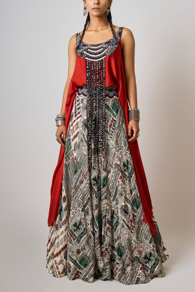 Rust orange embroidered singlet and lehenga
