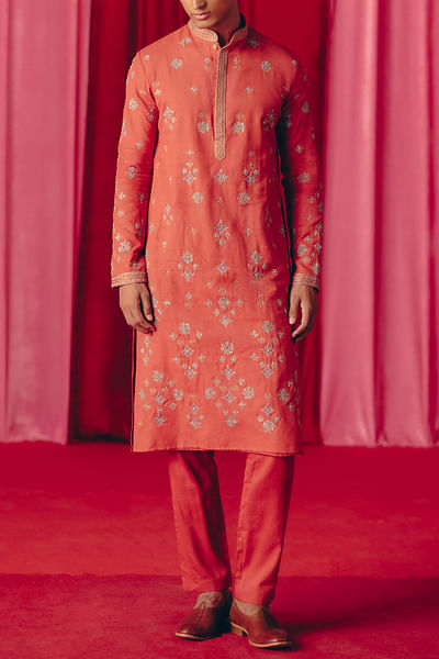 Rust orange floral embroidered kurta set