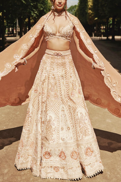 Rust orange floral embroidered lehenga set