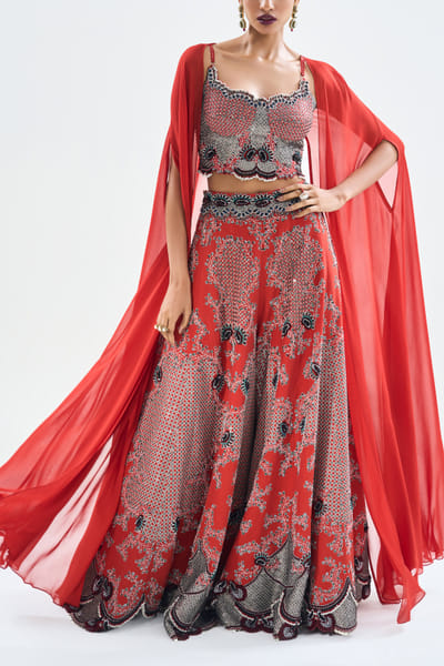 Rust orange sharara and slit cape