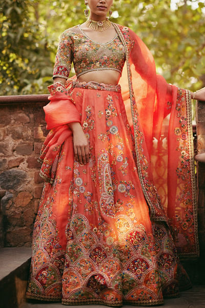 Rust scallop embroidered lehenga set