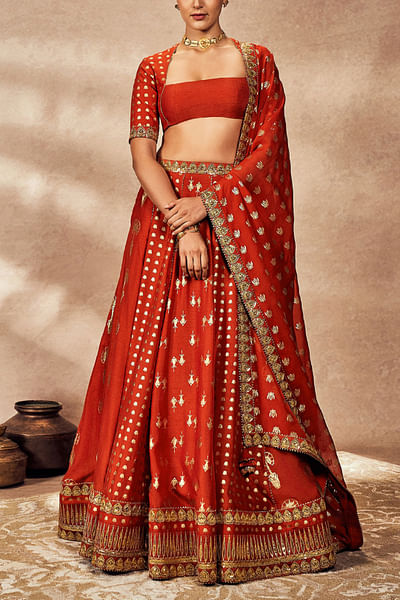 Rust traveller's palm foil print lehenga set