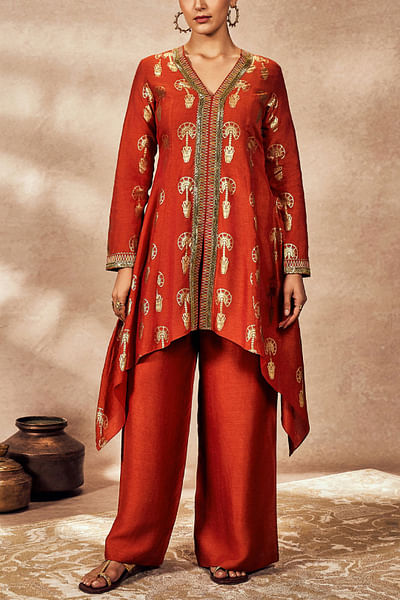 Rust traveller's palm foil printed tunic set