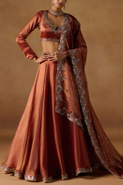 Rust zari embroidered lehenga set