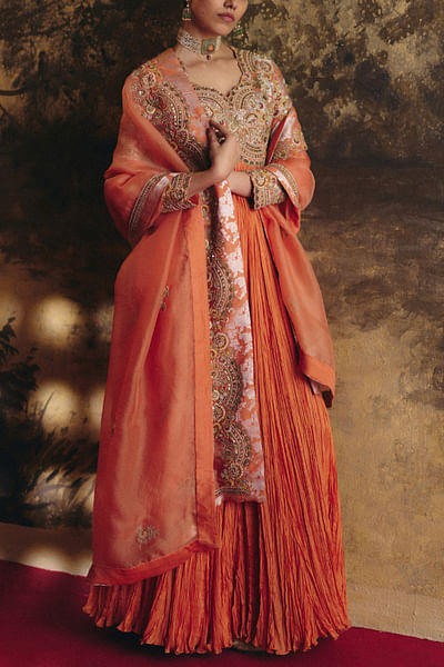 Saffron embroidered brocade anarkali set