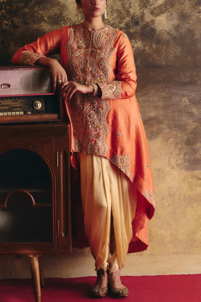 Saffron embroidered brocade jacket set