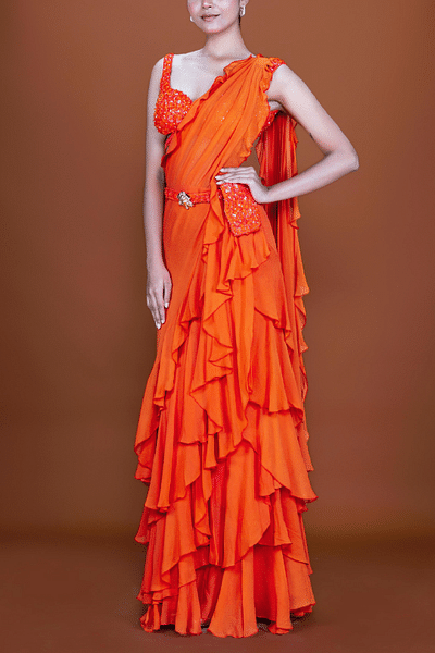 Saffron pre-stitched ruffle sari set