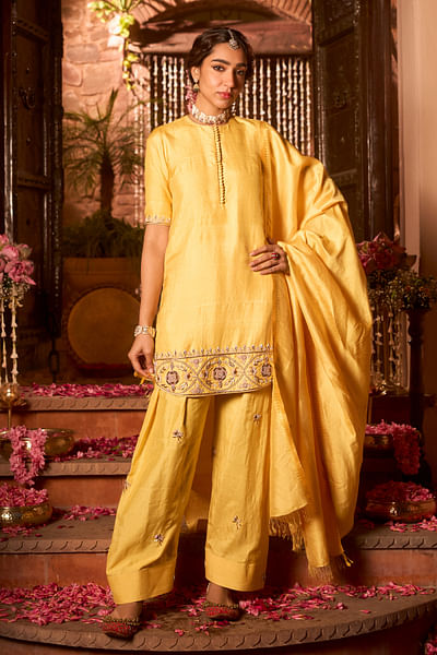 Saffron yellow cutdana embroidered kurta set