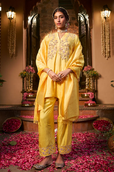 Saffron yellow dabka embroidered kurta set