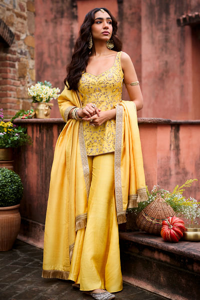 Saffron yellow embroidered kurta sharara set