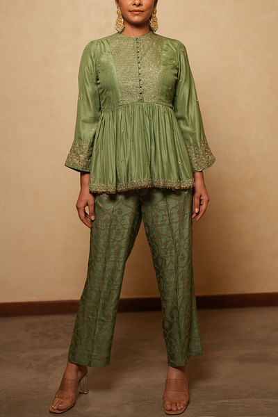Sage green aari embroidery co-ords