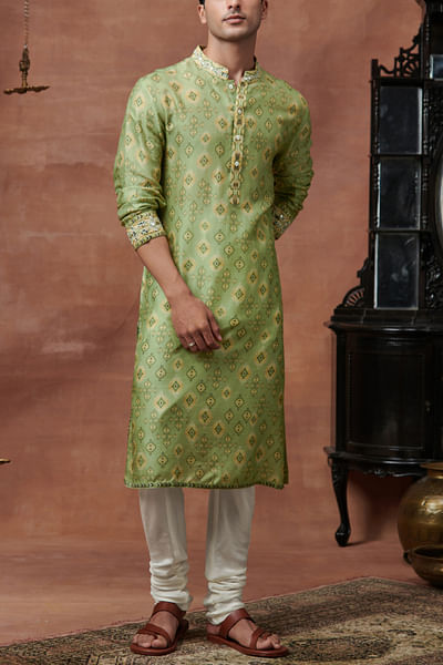 Sage green artisanal printed kurta