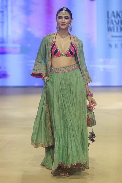 Sage green dori embroidered cape set