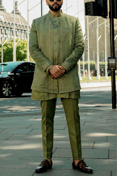 Sage green dori embroidery bandhgala set