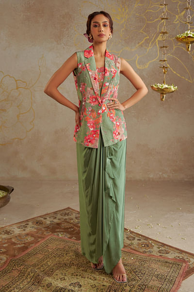 Sage green draped skirt set