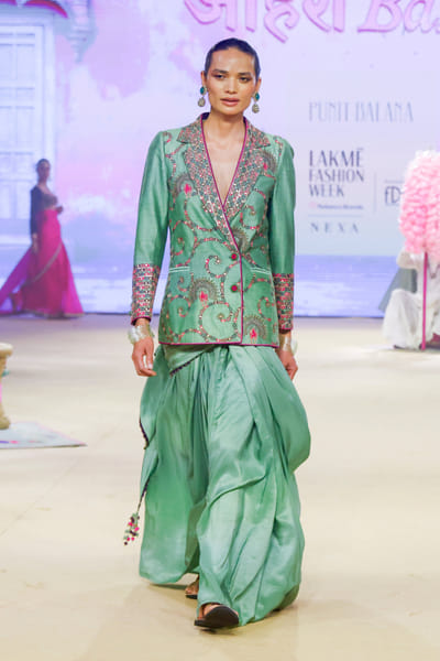 Sage green embroidered blazer sari set