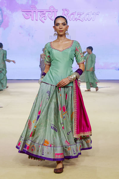 Sage green embroidered blouse and lehenga set