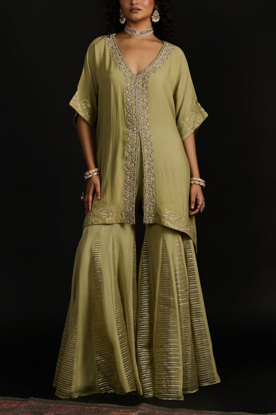 Sage green embroidered kurta and sharara