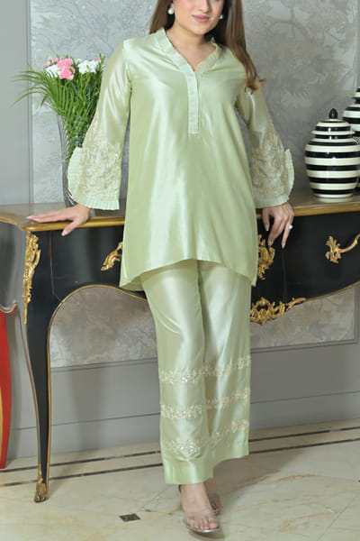 Sage green embroidered tunic set