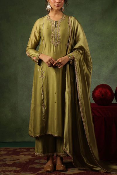 Sage green floral embroidery kurta set