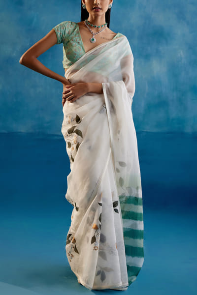 Devnaagri Sage green floral hand painted sari set DEVSEP24D125