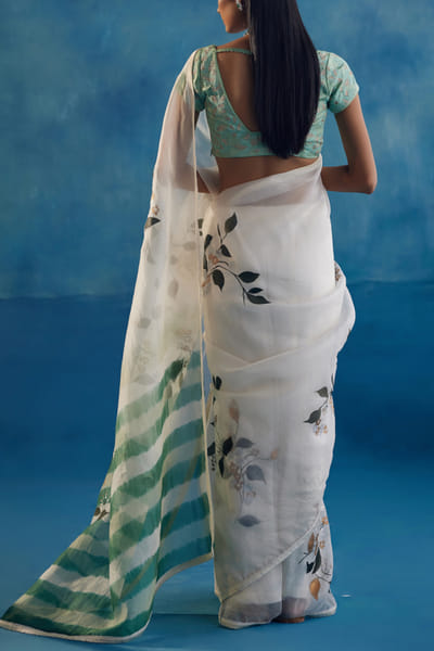 Devnaagri Sage green floral hand painted sari set DEVSEP24D125
