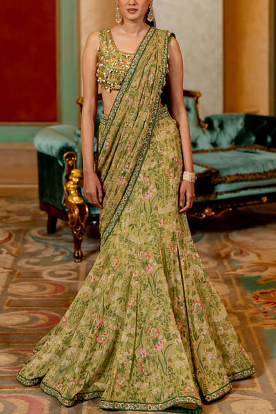 Sage green floral print pre-draped sari set