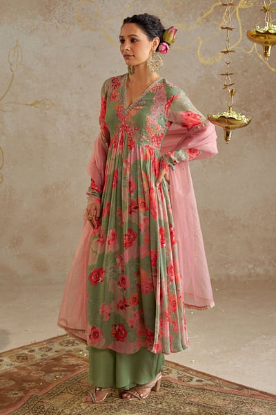 Sage green floral printed anarkali set