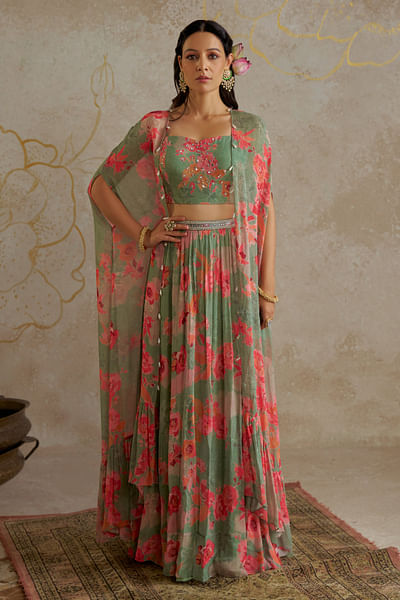 Sage green floral printed cape set