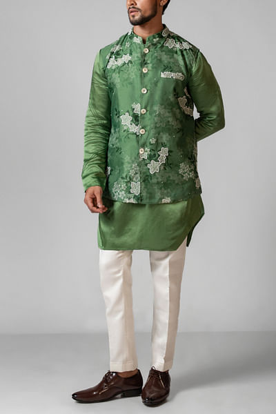 Sage green floral printed Nehru kurta set