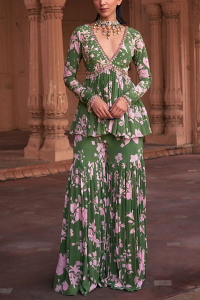 Sage green floral printed tiered gharara set