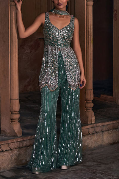 Sage green floral sequin embroidery peplum set