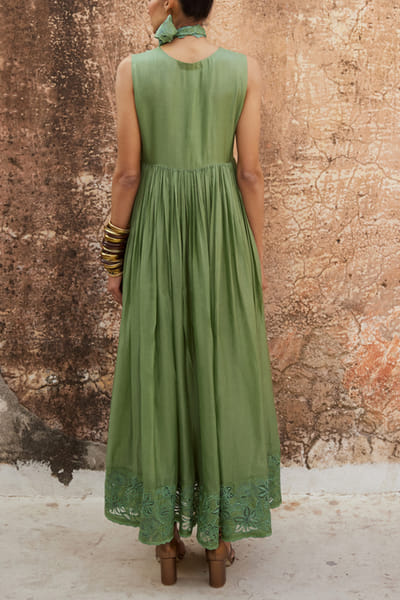 Paulmi & Harsh Sage green gathered maxi dress PNHMAY24D106