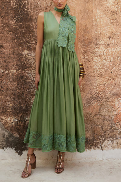 Paulmi & Harsh Sage green gathered maxi dress PNHMAY24D106