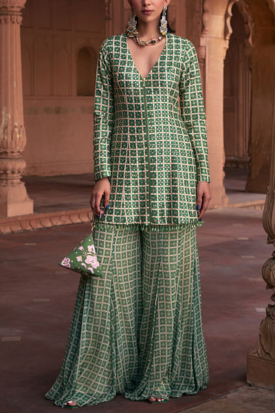 Sage green grid printed jacket set