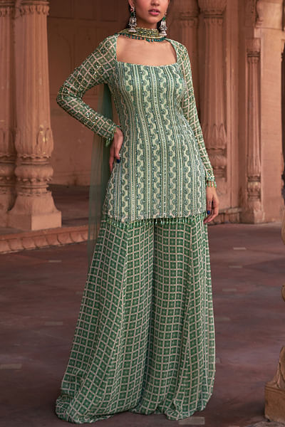 Sage green grid printed sharara set