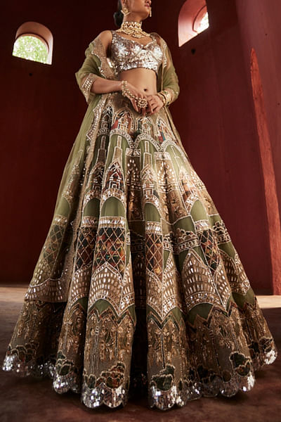 Sage green kalamkari print mirror lehenga set